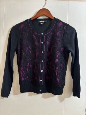 DKNY Black Cardigan with Purple Lace-Overlay
